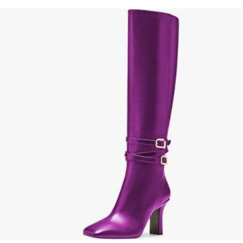 FSJ Women Fashion Knee High Long Boots Pull On Closed Toe Chunky Mid Heel Purple